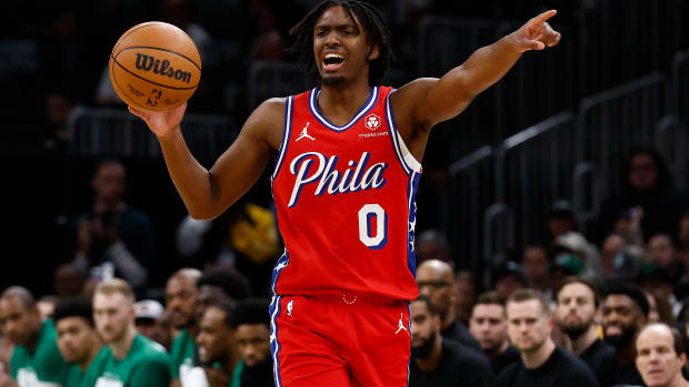 Feb 27, 2024; Boston, Massachusetts, USA; Philadelphia 76ers guard Tyrese Maxey (0) directs teammates during the first quarter against the Boston Celtics at TD Garden. Mandatory Credit: Winslow Townson-USA TODAY Sports